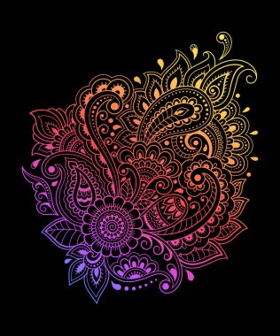 Kına çizimi ve dövme için Mehndi çiçek deseni. Etnik doğuya özgü dekorasyon, Hint tarzı. Karalama süsü. El çizimi vektör çizimi. Siyah arkaplanda gökkuşağı tasarımı.