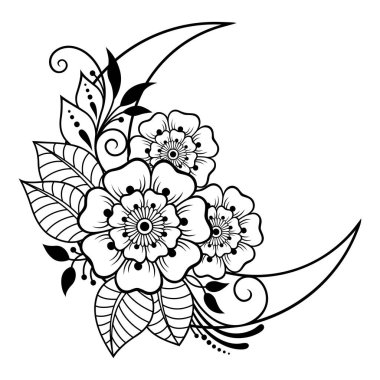 Mehndi tarzında çiçekli dini sembol Hilal. Odanın dekorasyonu için geleneksel Doğu sembolleri, tebrik kartları, kıyafet üzerindeki baskılar, spor malzemeleri, dövmeler ve kına.