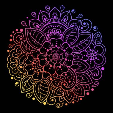 Mehndi ve Henna çizimleri için renkli çiçek desenleri. El çizimi süsü. Etnik doğuya özgü dekorasyon, Hint tarzı. Siyah arkaplanda gökkuşağı tasarımı.