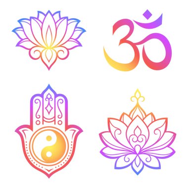 Yin-yang el çizimi sembollü Hamsa seti, nilüfer çiçeği, Mantra OM. İç dekorasyon ve kına çizimleri için doğu tarzı dekoratif desen. Beyaz arkaplanda gökkuşağı tasarımı.