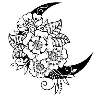 Mehndi tarzında çiçekli dini sembol Hilal. Odanın dekorasyonu için geleneksel Doğu sembolleri, tebrik kartları, kıyafet üzerindeki baskılar, spor malzemeleri, dövmeler ve kına.