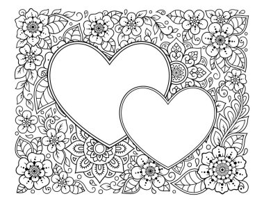 Kalp şeklinde çerçeveli dikdörtgen çiçek deseni. Etnik doğulu mehndi tarzında dekoratif süs. Taslak çizim el çizimi vektör çizimi. Stres karşıtı boyama kitabı sayfası.