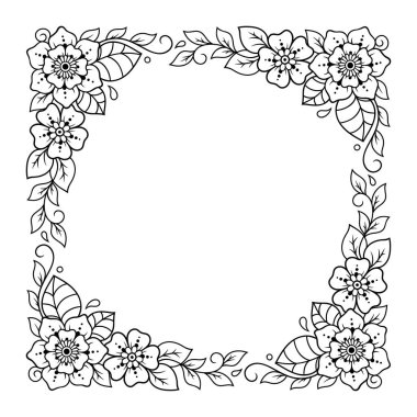 Kınalı dövmeler, defter, tabut, dergi, kartpostal ve klasör için dekoratif desenler. Mehndi tarzında çiçek. Doğu geleneğinde çerçeve.