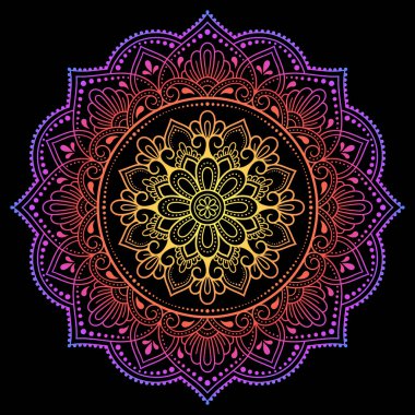 Renkli dairesel desen, mandala şeklinde, çiçek desenli, desenli. Etnik doğu tarzında dekoratif süs. Siyah arkaplanda gökkuşağı tasarımı.