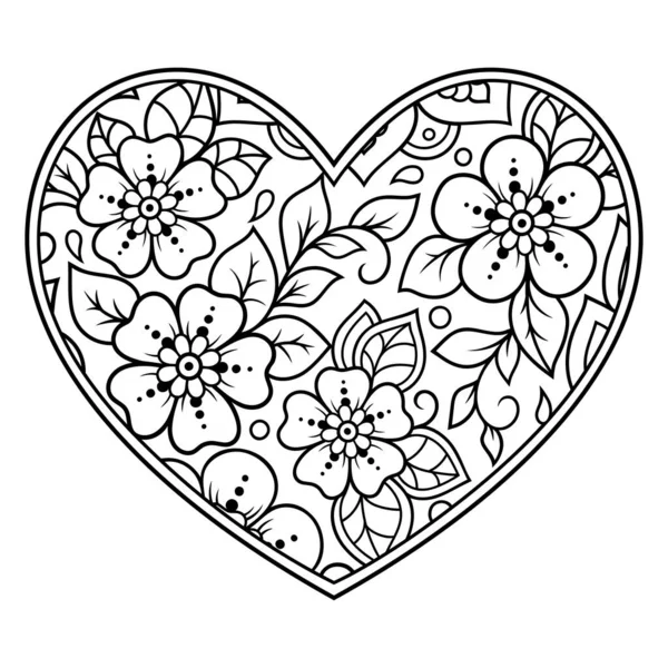 Patrón Flores Mehndi Forma Corazón Para Dibujo Tatuaje Henna Decoración — Archivo Imágenes Vectoriales