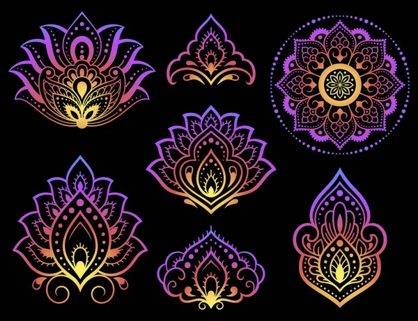 Ensemble Motif Fleurs Mehndi Mandala Pour Dessin Tatouage Henné Décoration — Image vectorielle