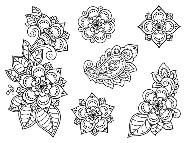Uppsättning Mehndi Blommönster För Henna Teckning Och Tatuering Dekoration Etnisk — Stock vektor