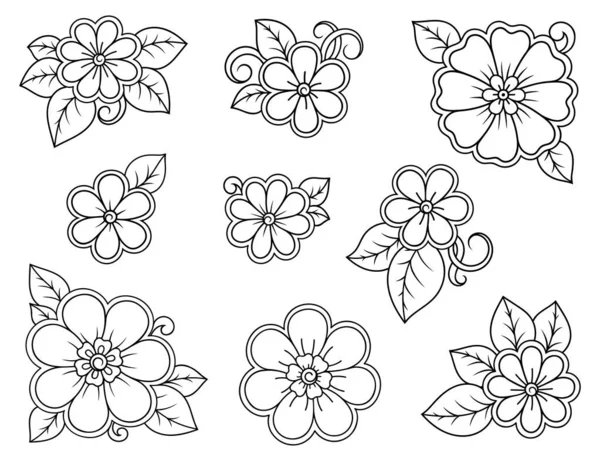 Ensemble Motif Fleurs Mehndi Pour Dessin Henné Tatouage Décoration Style — Image vectorielle