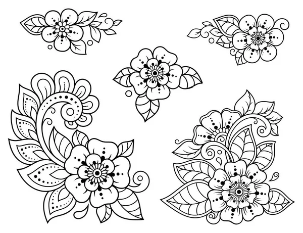 Conjunto Padrão Flor Mehndi Para Desenho Tatuagem Henna Decoração Estilo — Vetor de Stock