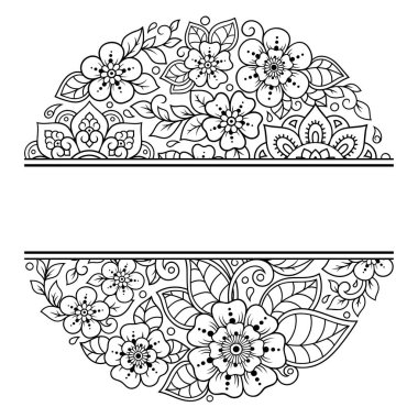 Doğu geleneğinde çerçeve. Kınalı dövmeler, defter, tabut, dergi, kartpostal ve klasör için dekoratif desenler. Mehndi tarzında çiçek mandala.