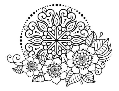 Kına, Mehndi, dövme ve dekorasyon için çiçekli dairesel desen. Etnik doğu tarzında dekoratif süs. Çizim el çizimi vektör illüstrasyonuName.