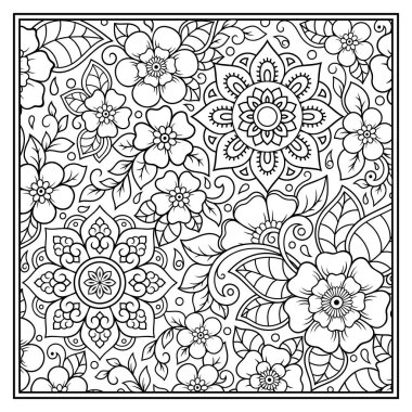 Resim kitabı sayfası için mehndi tarzında kare desen çiz. Yetişkinler ve çocuklar için stres önleyici. Siyah beyaz karalama süsü. El çizimi vektör illüstrasyonu.