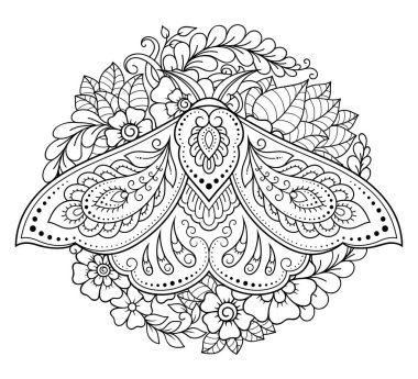 Hint etnik çiçekleriyle süslenmiş güve deseni. El yapımı dekoratif böcek karalama tarzında. Dövme, baskı, oda, kapak, kitap ve boyama sayfası için stilize edilmiş mehndi süsü.