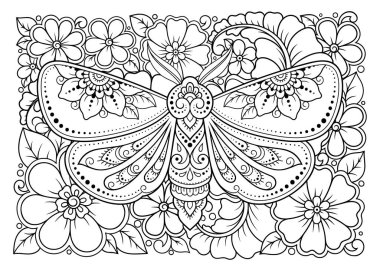 Hint etnik çiçekleriyle süslenmiş güve deseni. El yapımı dekoratif böcek karalama tarzında. Dövme, baskı, oda, kapak, kitap ve boyama sayfası için stilize edilmiş mehndi süsü.