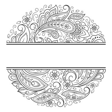 Doğu geleneğinde çerçeve. Kınalı dövmeler, defter, tabut, dergi, kartpostal ve klasör için dekoratif desenler. Mehndi tarzında çiçek mandala.