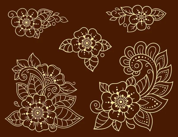 Set Van Mehndi Bloem Patroon Voor Henna Tekening Tatoeage Decoratie — Stockvector