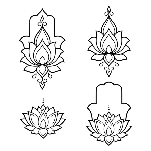 Uppsättning Hamsa Handritad Symbol Med Lotusblomma Dekorativa Mönster Orientalisk Stil — Stock vektor