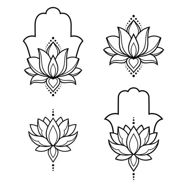 Set Hamsa Hand Drawn Symbol Lotus Flower Decorative Pattern Oriental — Stock Vector