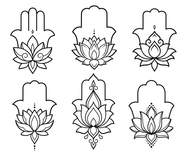 Zestaw Ręcznie Rysowanego Symbolu Hamsa Kwiatem Lotosu Dekoracyjny Wzór Orientalnym — Wektor stockowy