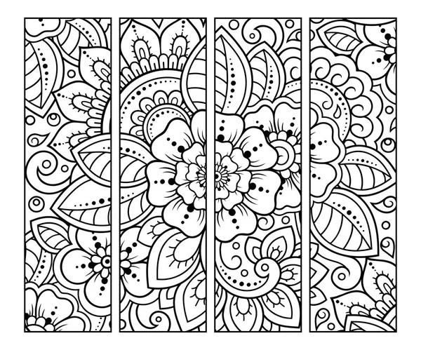 Set of three coloring bookmarks in black and white. Doodles flowers adult  coloring bookmark. Stock Illustration