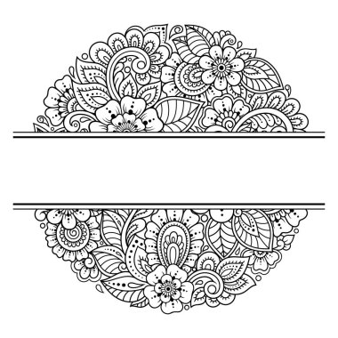 Doğu geleneğinde çerçeve. Kınalı dövmeler, defter, tabut, dergi, kartpostal ve klasör için dekoratif desenler. Mehndi tarzında çiçek mandala.