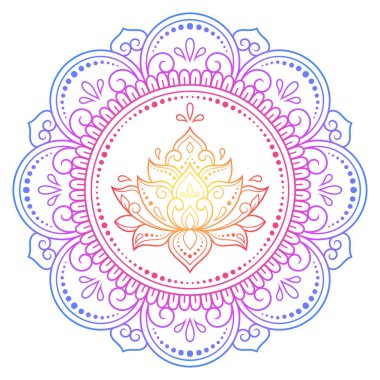 Henna, Mehndi, dövme ve süsleme için nilüfer çiçeği içeren dairesel desen. Etnik doğu tarzında dekoratif süs. Beyaz arkaplanda gökkuşağı deseni.