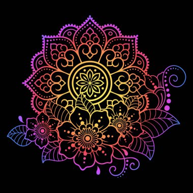 Kına, Mehndi, dövme ve dekorasyon için çiçekli dairesel desen. Etnik doğu tarzında dekoratif süs. Siyah arkaplanda gökkuşağı deseni.