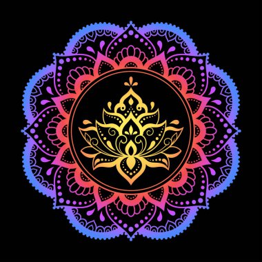 Henna, Mehndi, dövme ve süsleme için nilüfer çiçeği içeren dairesel desen. Etnik doğu tarzında dekoratif süs. Siyah arkaplanda gökkuşağı deseni.