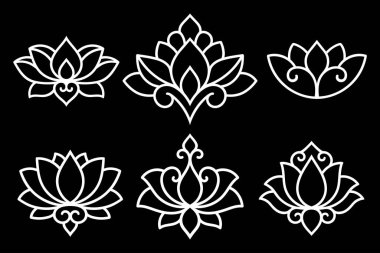 Dekoratif nilüfer çiçeği sembolleri seti. Lazer ve çizer kesme, kabartma, kabartma, yazma ve giysi üzerindeki desenler. Doğu tarzında kına çizimleri için süsler.
