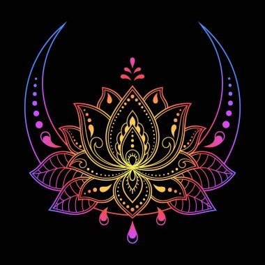 Mehndi tarzında nilüfer çiçekli Hilal sembolü. Oda dekorasyonu, tebrik kartları, parmak izleri ve spor aletleri için geleneksel doğu tabelası. Siyah arkaplanda gökkuşağı renk deseni.