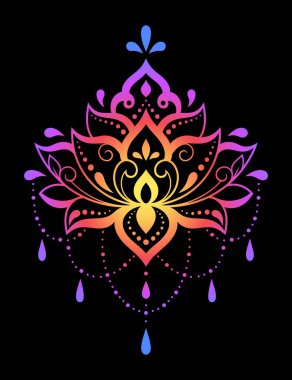 Mehndi ve Henna çizimleri için renkli nilüfer çiçeği deseni. El çizimi nilüfer sembolü. Etnik doğuya özgü dekorasyon, Hint tarzı. Siyah arkaplanda gökkuşağı tasarımı.