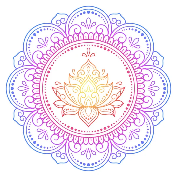 Henna Mehndi 入れ墨 装飾のためのハスの花と曼荼羅の形で円形のパターン 民族的な東洋スタイルの装飾品 白を基調としたレインボーパターン — ストックベクタ