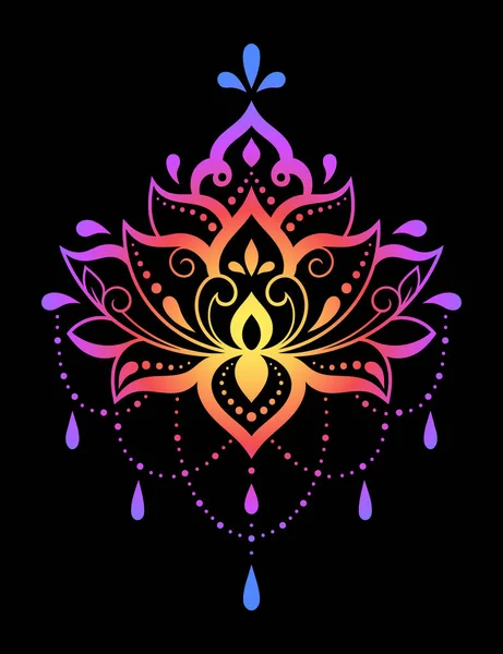 Mehndi ve Henna çizimleri için renkli nilüfer çiçeği deseni. El çizimi nilüfer sembolü. Etnik doğuya özgü dekorasyon, Hint tarzı. Siyah arkaplanda gökkuşağı tasarımı.