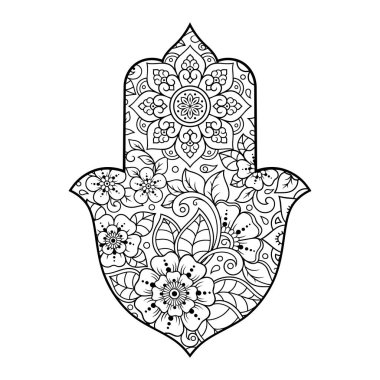 Hamsa eli çiçekle çizilmiş sembol. İç dekorasyon ve kına çizimleri için doğu tarzı dekoratif desen. Antik işaret 