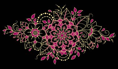 Kına dövmeli dekoratif desenli defter, defter, kartpostal, klasör. Çiçek ve mandala mehndi tarzında ve doğu geleneğinde. Siyah arkaplanda kırmızı tasarım