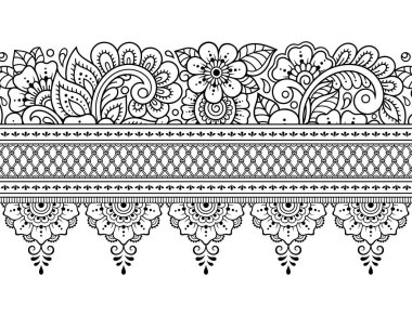 Kına çizimi ve dövme için Mehndi çiçeğiyle sınır çizgileri. Etnik doğuya özgü dekorasyon, Hint tarzı. Karalama süsü. El çizimi vektör illüstrasyonu.