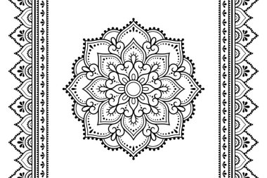 Mandala desenleri ve kına çizimi ve dövme için kusursuz bir sınır. Hint usulü etnik doğulu mehndi dekorasyonu. Siyah beyaz karalama süsü. El çizimi vektör illüstrasyonu.