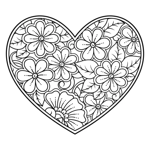 Patrón Flores Mehndi Forma Corazón Para Dibujo Tatuaje Henna Decoración — Vector de stock