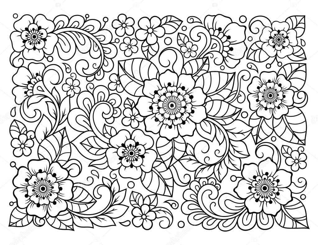 Outline floral pattern in mehndi style for coloring book page. Antistress for adults and children. Doodle ornament in black and white. Hand draw vector illustration.