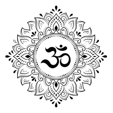 Mandala şeklinde dairesel desen. Kına, Mehndi, dövme, süsleme için. Doğu tarzında dekoratif süs, eski Hindu mantra OM ile. Çizgi karalama vektörü çizimi.