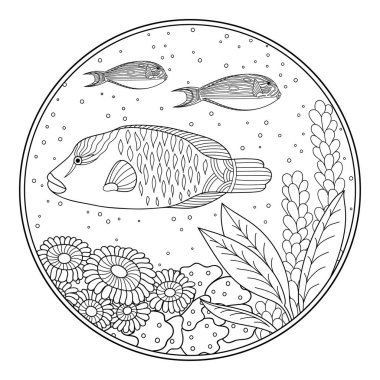 Bir deniz resifinin sualtı manzarası. Balık, yosun ve mercanlardan oluşan yuvarlak boyama kitabı sayfası. Stres önleyici karalama kalıpları siyah ve beyaz.