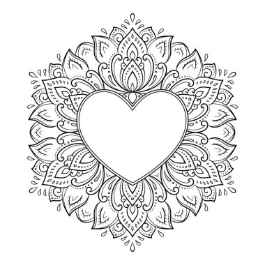 Mandala şeklinde dairesel desen, kalp şeklinde çerçeve. Etnik doğulu mehndi tarzında dekoratif süs. Taslak çizim el çizimi vektör çizimi. Stres karşıtı boyama kitabı sayfası.