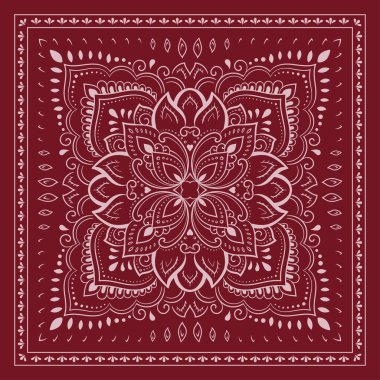 Henna, Mehndi ve süsleme için çiçekli dairesel desen. Bir bandana için etnik doğu tarzında kırmızı dekoratif süs. Çizim el çizimi vektör illüstrasyonuName.