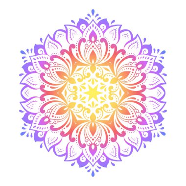 Kına, Mehndi, dövme ve dekorasyon için çiçekli dairesel desen. Etnik doğu tarzında dekoratif süs. Beyaz arkaplanda gökkuşağı deseni.