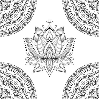 Etnik oryantal tarzda dikişsiz dekoratif süs. Kına, Mehndi, dövme, dekorasyon için mandala ve Lotus çiçek şeklinde Dairesel desen. Doodle anahat el çizimvektör illüstrasyon.