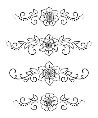 Kına çizimi ve dövme için Mehndi çiçek desenli bir set. Etnik doğuya özgü dekorasyon, Hint tarzı. Karalama süsü. El çizimi vektör illüstrasyonu.