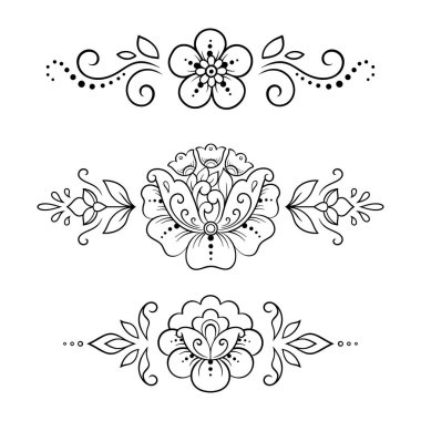 Kına çizimi ve dövme için Mehndi çiçek desenli bir set. Etnik doğuya özgü dekorasyon, Hint tarzı. Karalama süsü. El çizimi vektör illüstrasyonu.