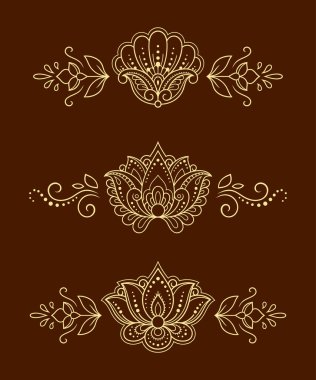 Kına çizimi ve dövme için Mehndi çiçek desenli bir set. Etnik doğuya özgü dekorasyon, Hint tarzı. Karalama süsü. El çizimi vektör illüstrasyonu.