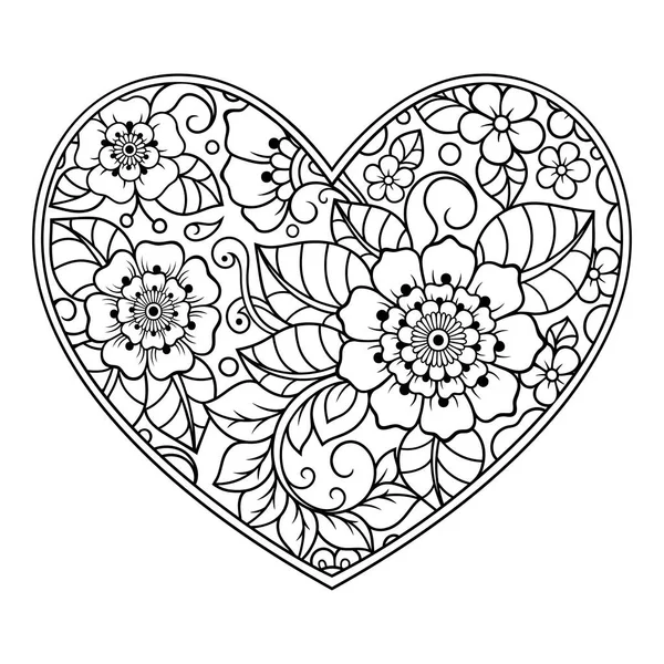 Padrão Flor Mehndi Forma Coração Para Desenho Tatuagem Henna Decoração — Vetor de Stock