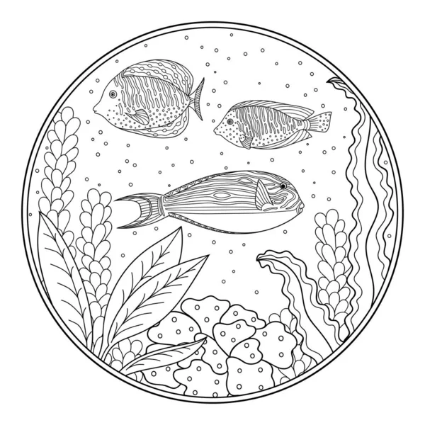 Paysage Sous Marin Récif Marin Livre Coloriage Rond Composé Poissons — Image vectorielle